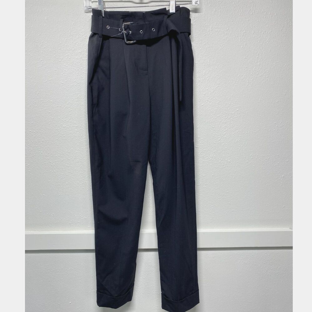 NWOT MICHAEL Michael Kors Black Wool Blend High Rise Belted Work Pants Size 0